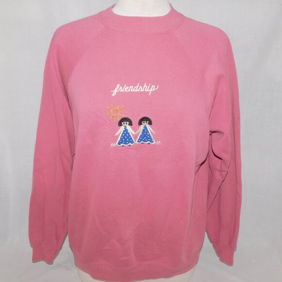 Vintage Womens XL Dusty Rose / Pink Girls Friendship Embroidered Sweatshirt - Picture 1 of 9